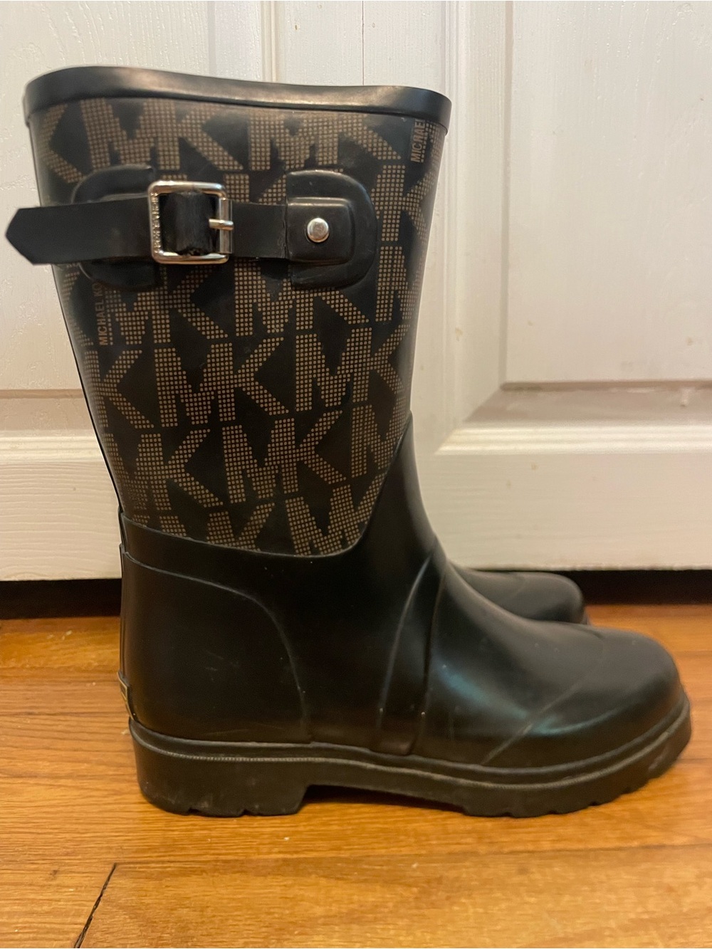 Michael Kors Black and Brown MK Logo Rubber Mid-Calf Boots